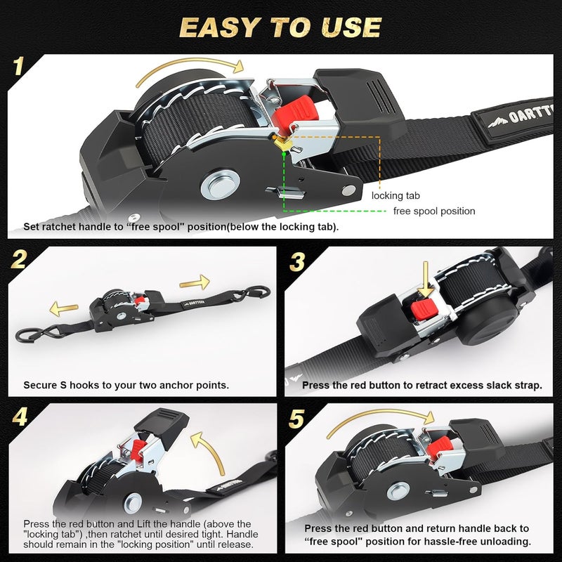OARTTEES Retractable Ratchet Straps (4-Pack) - 1 Inch x 10 Feet (1,650lb Break Strength) - Heavy Duty Auto Self Retracting Tie Down Straps for Truck, Cargo Trailer, Motorcycle, ATV, UTV - Black - Image 4